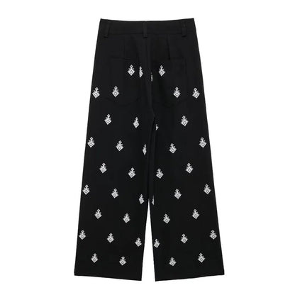 Conjunto Elegance: casual com 2 peças bordados com camisa tipo top de manga curta e lapela combinando calças largas