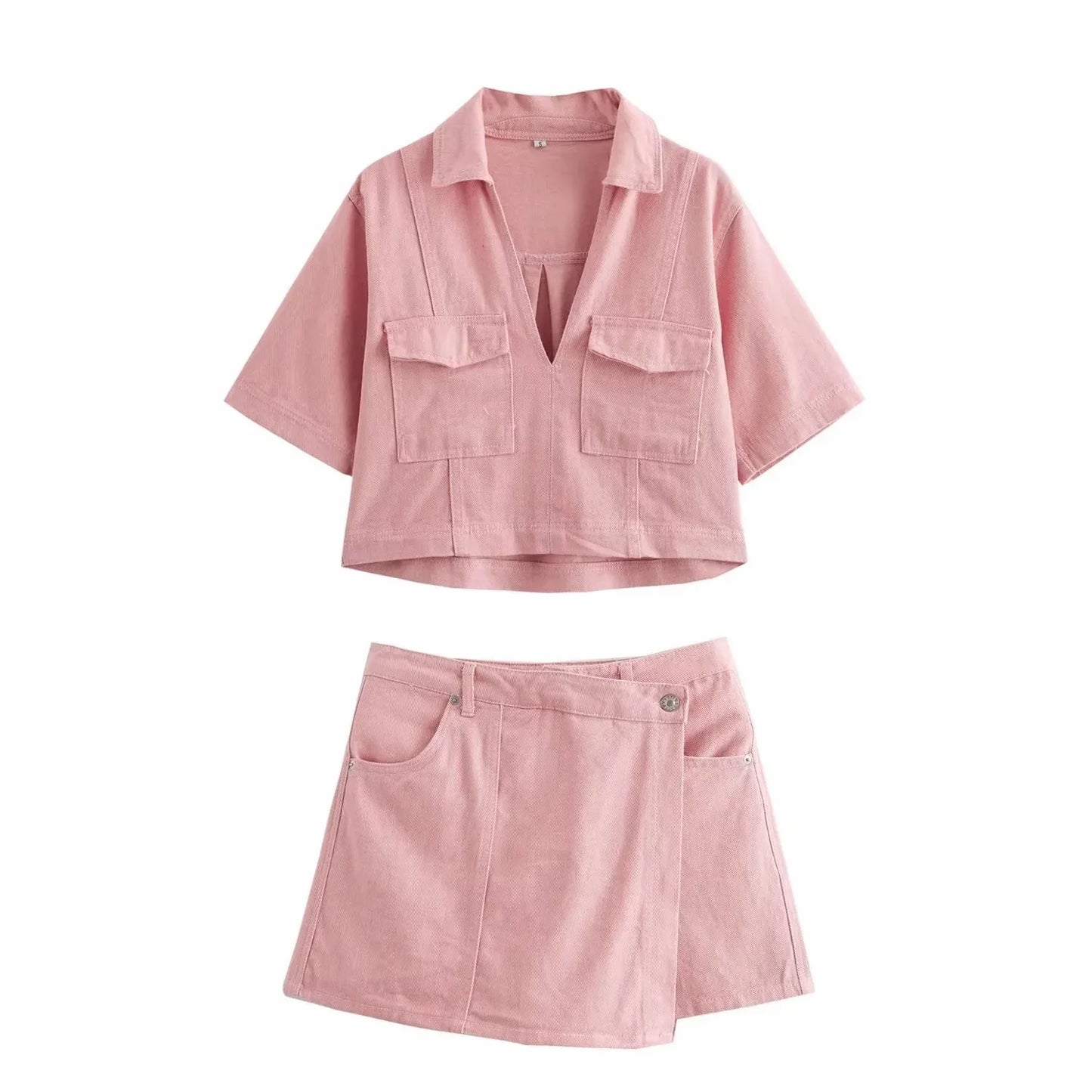 Conjuntos femininos em jeans: camisa gola com manga curta e bolso decoração +  shorts cintura média assimétrico