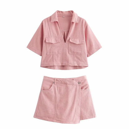 Conjuntos femininos em jeans: camisa gola com manga curta e bolso decoração +  shorts cintura média assimétrico