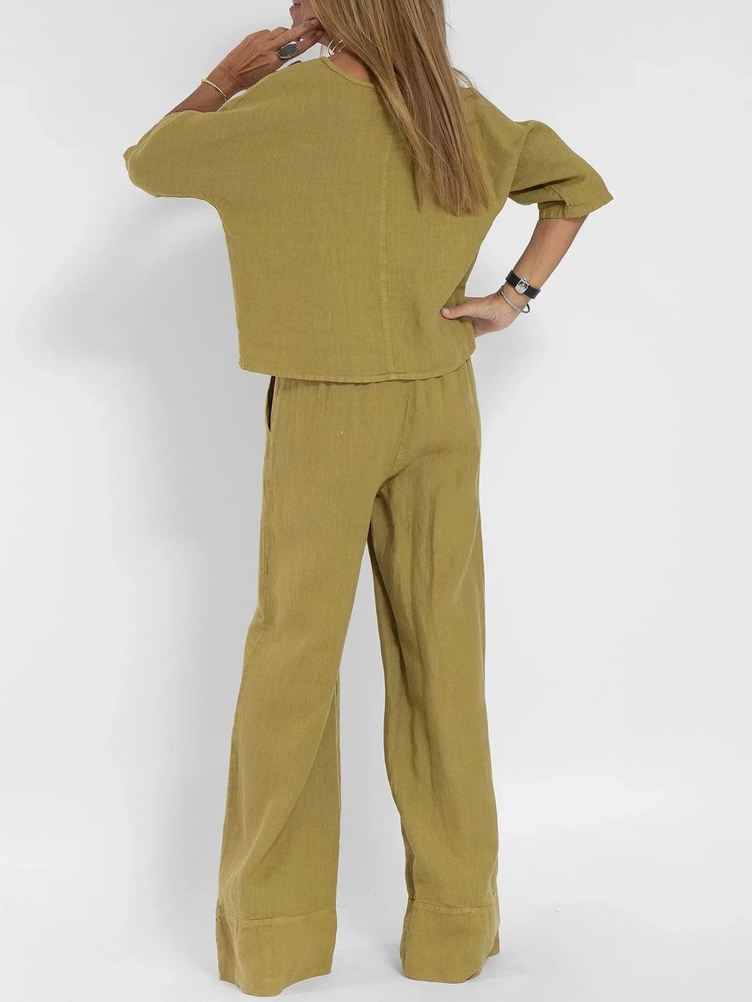 Europe and the United States new summer women's casual loose solid color short sleeve cotton linen trouser suit