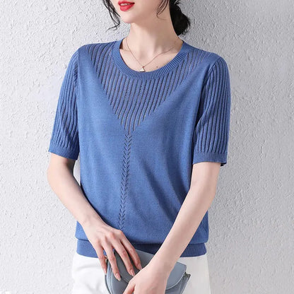 Summer Casual Fashion Hollow Out Solid Color Knitting T-shirt Ladies Short Sleeve Loose All-match Tee Women Simple Pullover Top