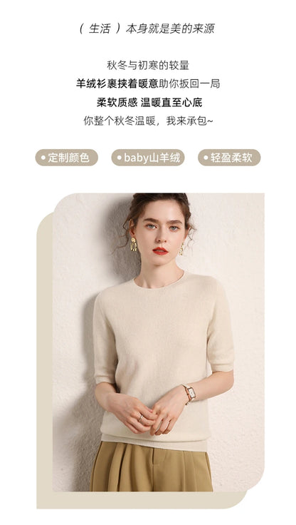 100% cashmere women's sweater short sleeved knitted O-neck five quarter sleeve fashionable hot selling women's T-shirt