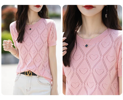 New Summer Fashion 100% Pure Cotton Women's Sweater Short sleeved Casual O-neck Pullover T-shirt Loose Knitted Hollow Top