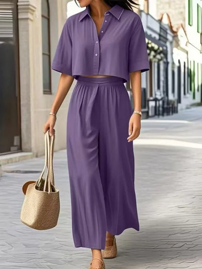 Conjunto de duas peças: em algodão e linho, moda verão casual. Camisa curta + perna larga