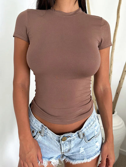 2024 Women's Clothing Y2K Style Solid Color Slim Fit Short-sleeved T-shirt