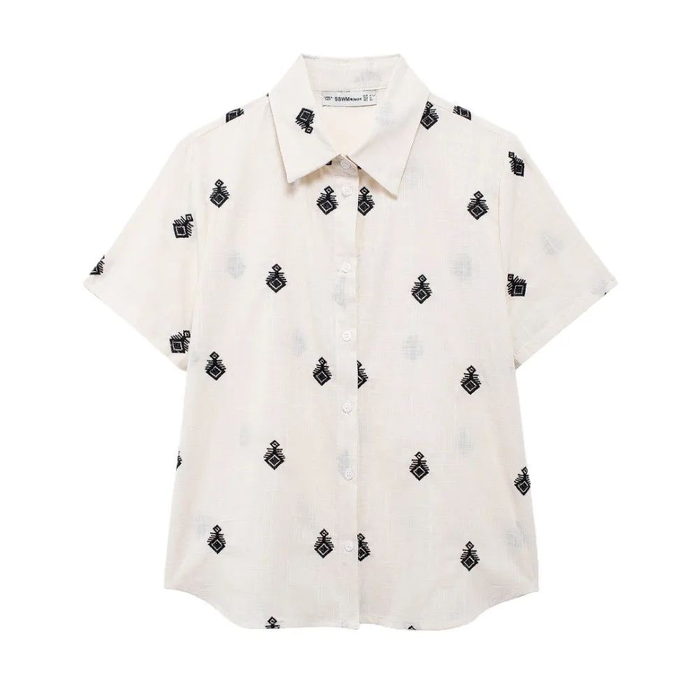 Conjunto Elegance: casual com 2 peças bordados com camisa tipo top de manga curta e lapela combinando calças largas