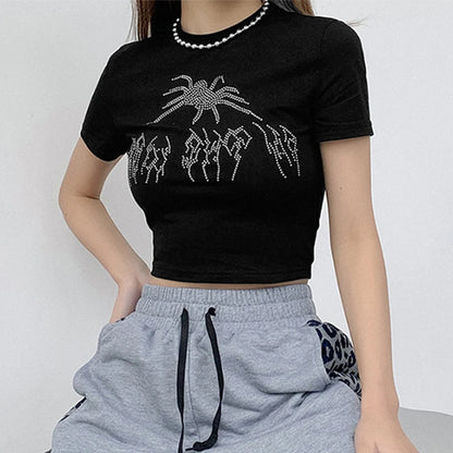 Y2K Women Backless Hollow Out T Shirt Sexy Bandage Crop Tops O-neck Tshirt Black Streetwear Short Sleeve Slim Bodycon T-shirt