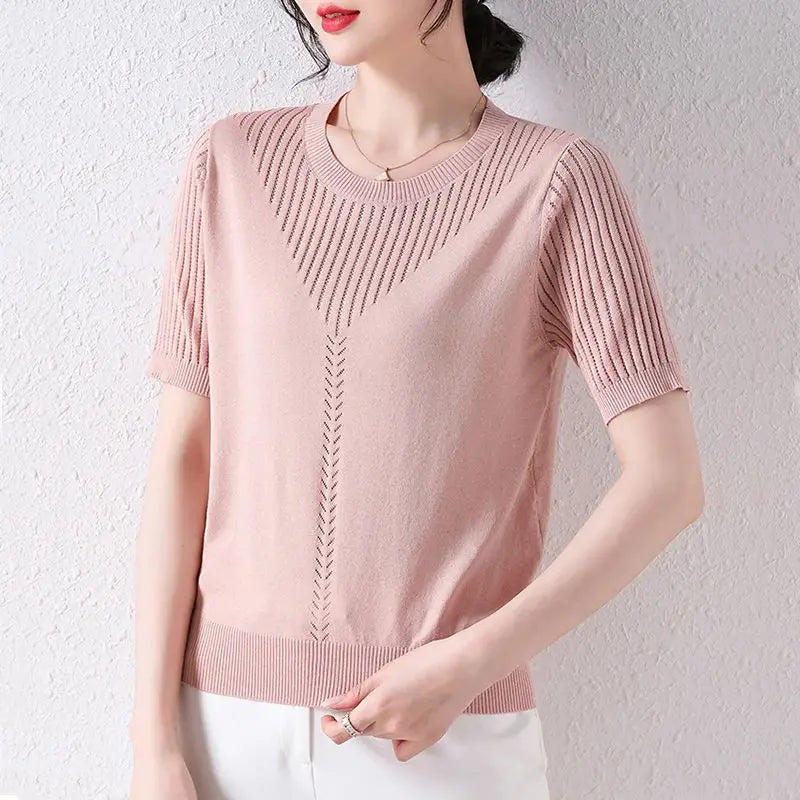 Summer Casual Fashion Hollow Out Solid Color Knitting T-shirt Ladies Short Sleeve Loose All-match Tee Women Simple Pullover Top