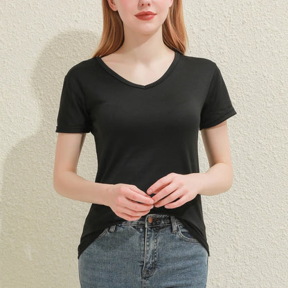 Solid Women Cotton T-shirt V-Neck Short Sleeve Female Tee Slim White And Balck T-Shirt Casual Solid Lady Tshirt Tops