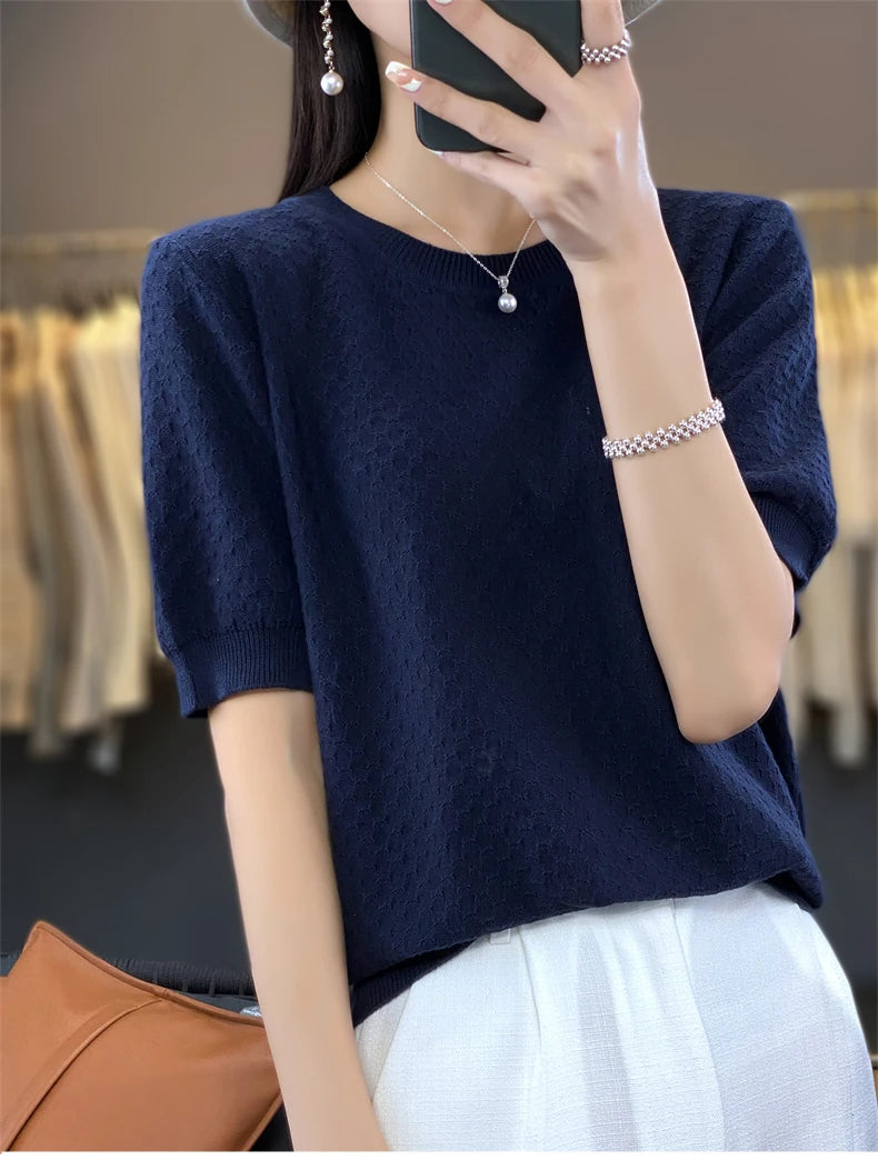 Pure Cotton Hollow Short-Sleeved Ladies Spring And Summer Loose Slim New Joker Knit Bottoming T-Shirt