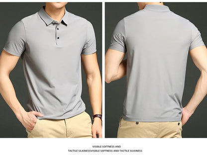 Camisa polo masculina de malha fina: elástica, respirável, polo com lapela casual