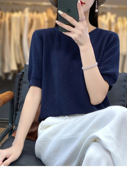 Pure Cotton Hollow Short-Sleeved Ladies Spring And Summer Loose Slim New Joker Knit Bottoming T-Shirt