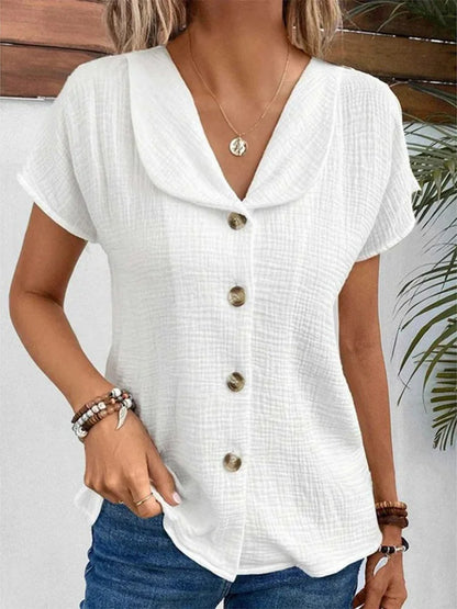 Simple Solid Color Blouse Women's Summer V-neck Button Short Sleeve Lady Work T-shirt Tops