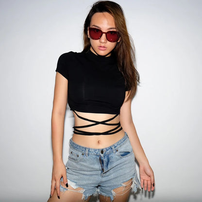Y2K Women Backless Hollow Out T Shirt Sexy Bandage Crop Tops O-neck Tshirt Black Streetwear Short Sleeve Slim Bodycon T-shirt
