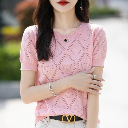 New Summer Fashion 100% Pure Cotton Women's Sweater Short sleeved Casual O-neck Pullover T-shirt Loose Knitted Hollow Top