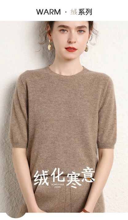 100% cashmere women's sweater short sleeved knitted O-neck five quarter sleeve fashionable hot selling women's T-shirt