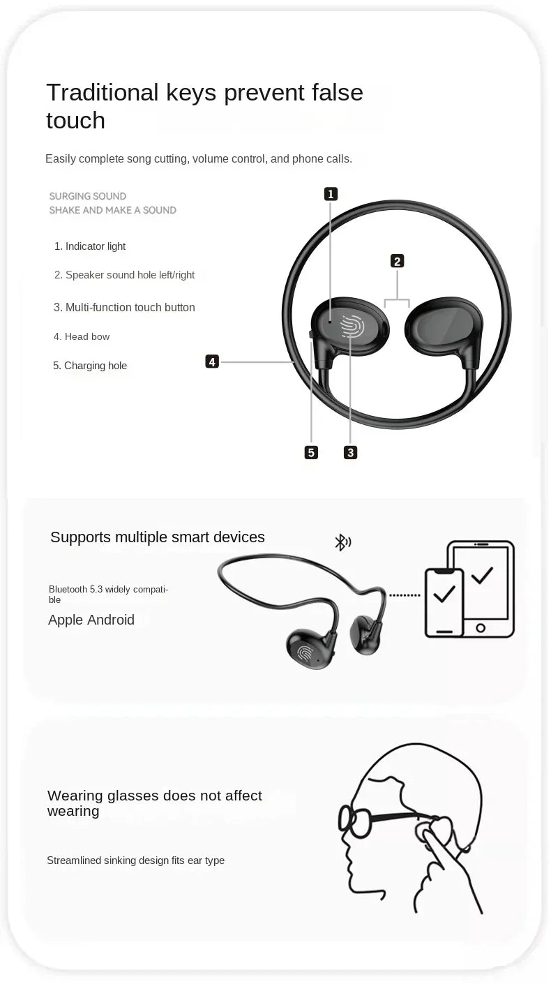 Fones de ouvido sem fio Xiaomi Bone Conduction Bluetooth 5.3 para pescoço, esportivo, estéreo, com microfone.