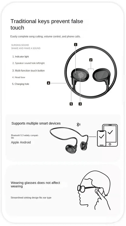 Fones de ouvido sem fio Xiaomi Bone Conduction Bluetooth 5.3 para pescoço, esportivo, estéreo, com microfone.