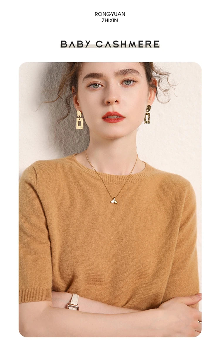 100% cashmere women's sweater short sleeved knitted O-neck five quarter sleeve fashionable hot selling women's T-shirt
