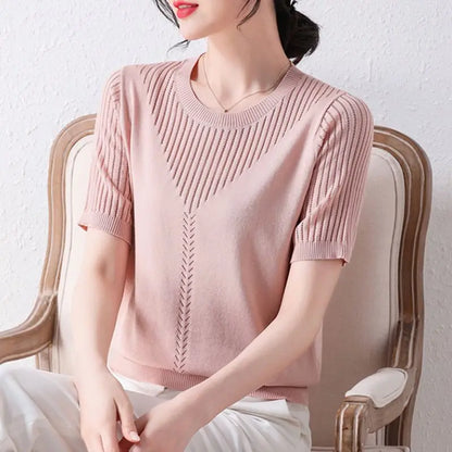 Summer Casual Fashion Hollow Out Solid Color Knitting T-shirt Ladies Short Sleeve Loose All-match Tee Women Simple Pullover Top