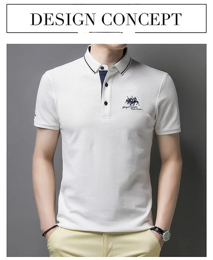 Camisa polo masculina: bordada, em algodão de luxo, casual com lapela e manga curta