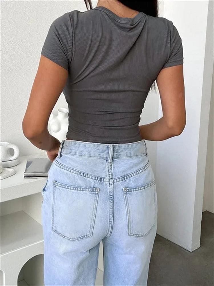 CHRONSTYLE Ribbed Short Sleeve T-shirts Crop Top Summer Party Clubwear for Women V-neck Buttons Up Solid Slim Casual Tees Shirts