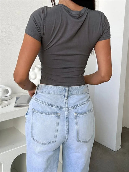 CHRONSTYLE Ribbed Short Sleeve T-shirts Crop Top Summer Party Clubwear for Women V-neck Buttons Up Solid Slim Casual Tees Shirts