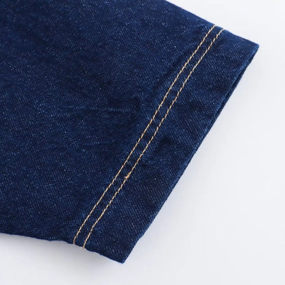 Conjunto feminina em jeans: camisa colarinho degotado com manga curta e bolso decoração + shorts cintura média assimétricos