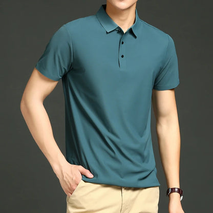 Camisa polo masculina de malha fina: elástica, respirável, polo com lapela casual