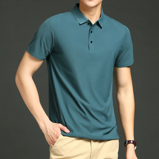 Camisa polo masculina de malha fina: elástica, respirável, polo com lapela casual