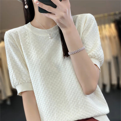 Pure Cotton Hollow Short-Sleeved Ladies Spring And Summer Loose Slim New Joker Knit Bottoming T-Shirt