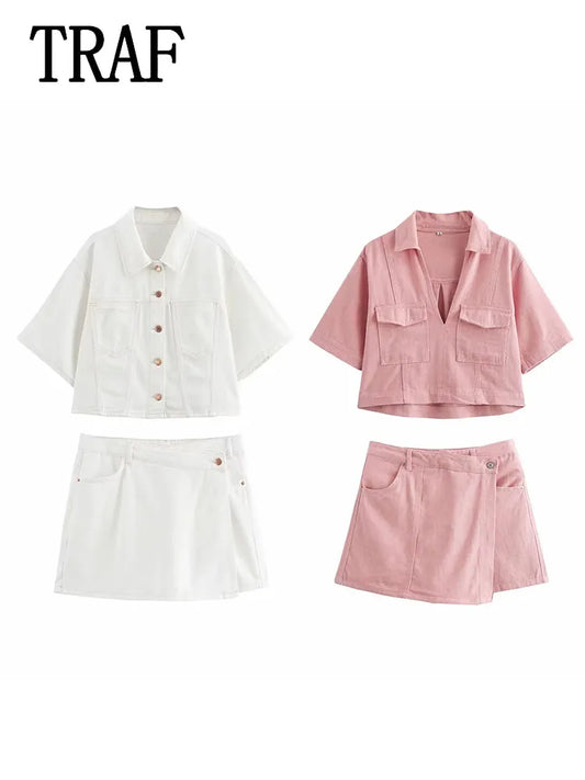 Conjuntos femininos em jeans: camisa gola com manga curta e bolso decoração +  shorts cintura média assimétrico