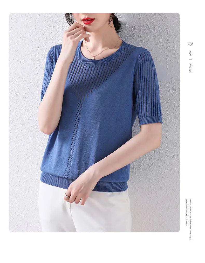 Summer Casual Fashion Hollow Out Solid Color Knitting T-shirt Ladies Short Sleeve Loose All-match Tee Women Simple Pullover Top