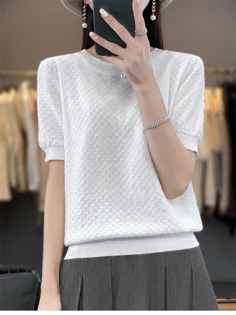 Pure Cotton Hollow Short-Sleeved Ladies Spring And Summer Loose Slim New Joker Knit Bottoming T-Shirt