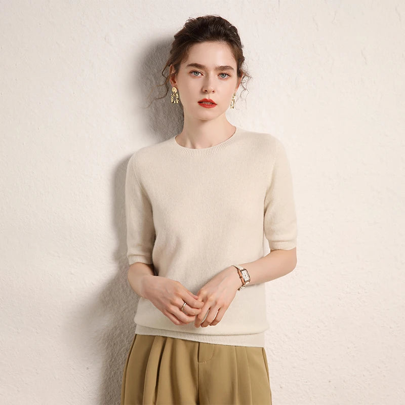 100% cashmere women's sweater short sleeved knitted O-neck five quarter sleeve fashionable hot selling women's T-shirt