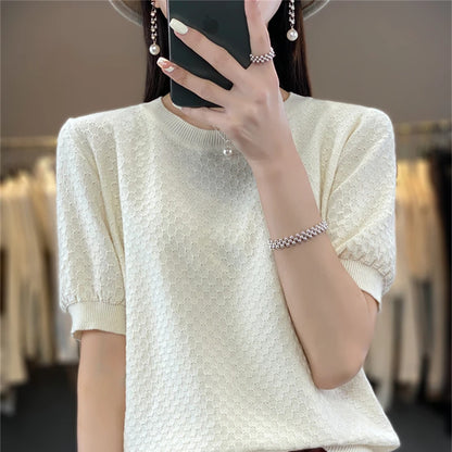 Pure Cotton Hollow Short-Sleeved Ladies Spring And Summer Loose Slim New Joker Knit Bottoming T-Shirt