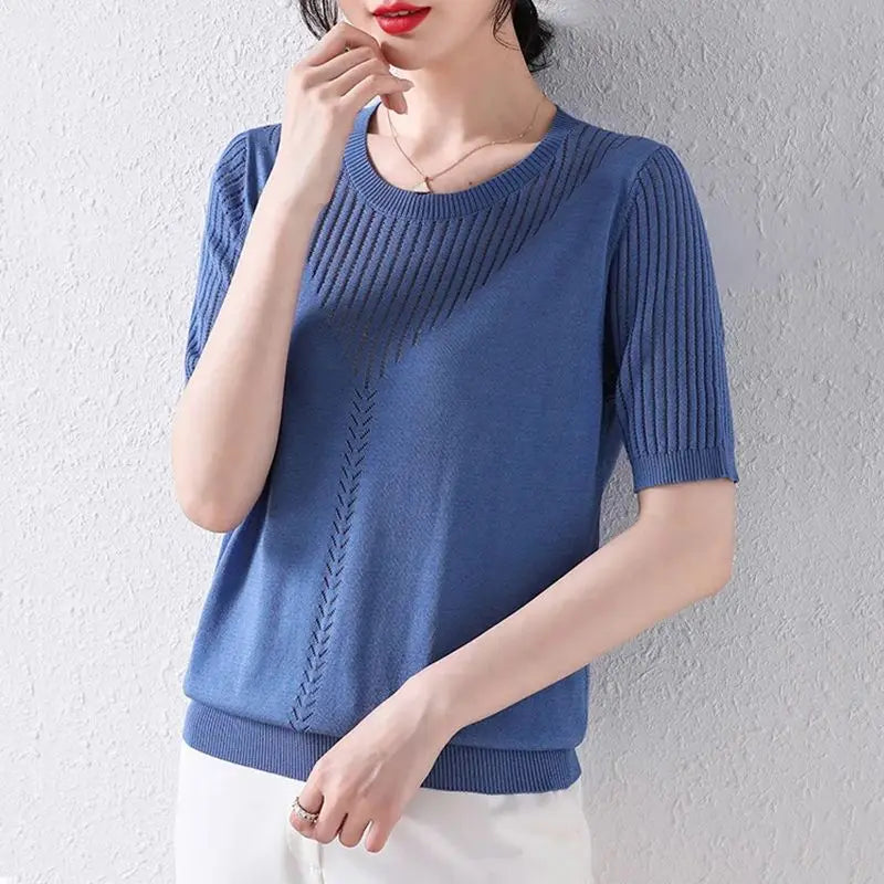 Summer Casual Fashion Hollow Out Solid Color Knitting T-shirt Ladies Short Sleeve Loose All-match Tee Women Simple Pullover Top