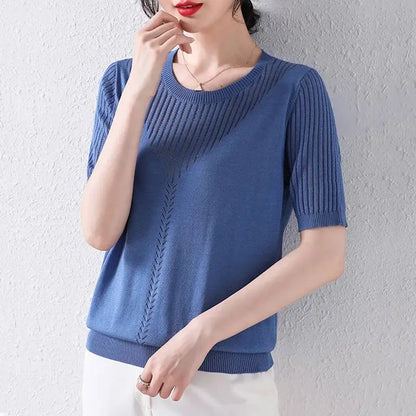 Summer Casual Fashion Hollow Out Solid Color Knitting T-shirt Ladies Short Sleeve Loose All-match Tee Women Simple Pullover Top