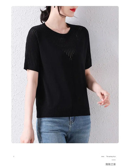 Summer Casual Fashion Hollow Out Solid Color Knitting T-shirt Ladies Short Sleeve Loose All-match Tee Women Simple Pullover Top