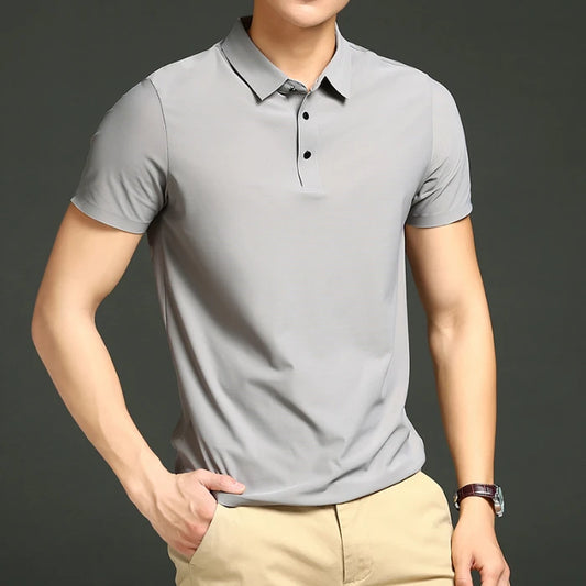 Camisa polo masculina de malha fina: elástica, respirável, polo com lapela casual