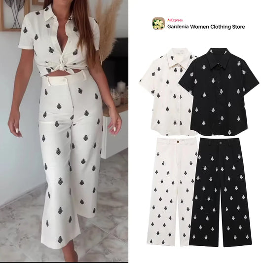 Conjunto Elegance: casual com 2 peças bordados com camisa tipo top de manga curta e lapela combinando calças largas