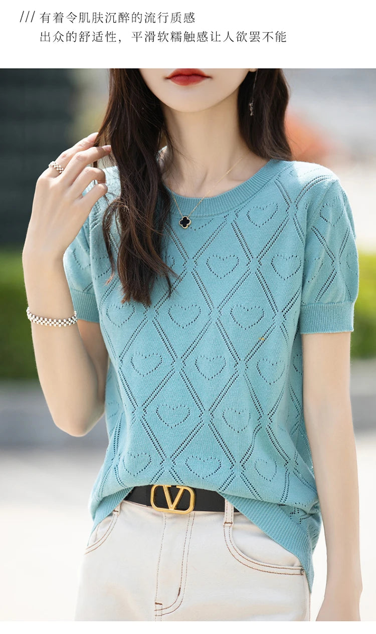 New Summer Fashion 100% Pure Cotton Women's Sweater Short sleeved Casual O-neck Pullover T-shirt Loose Knitted Hollow Top