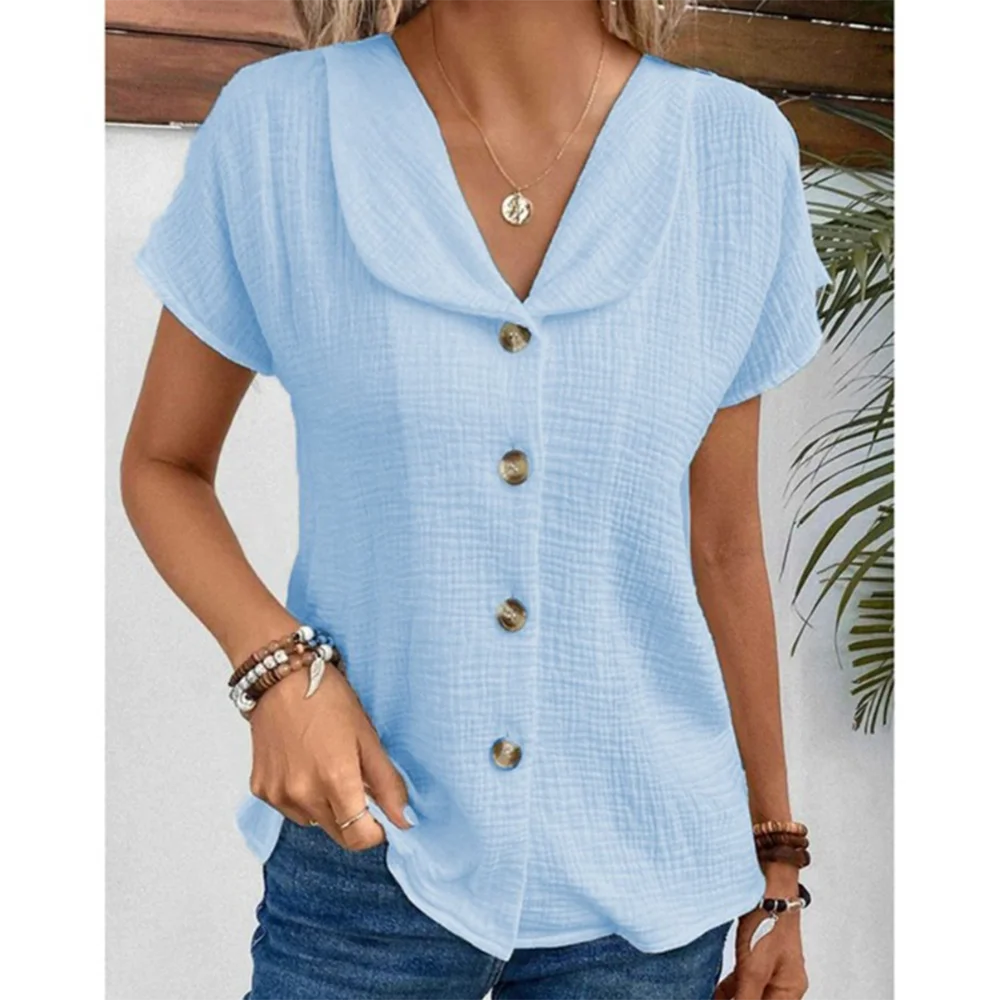 Simple Solid Color Blouse Women's Summer V-neck Button Short Sleeve Lady Work T-shirt Tops