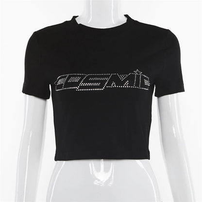 Y2K Women Backless Hollow Out T Shirt Sexy Bandage Crop Tops O-neck Tshirt Black Streetwear Short Sleeve Slim Bodycon T-shirt