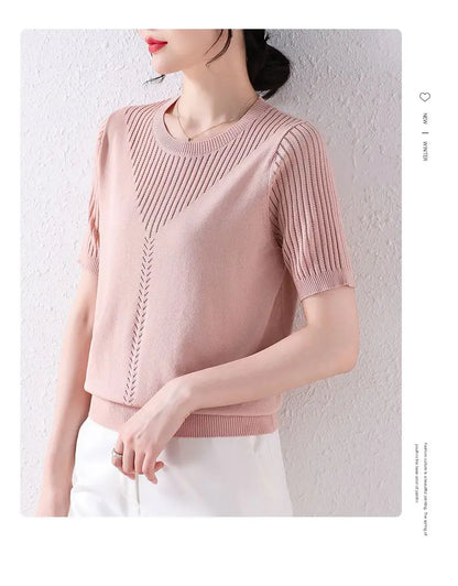 Summer Casual Fashion Hollow Out Solid Color Knitting T-shirt Ladies Short Sleeve Loose All-match Tee Women Simple Pullover Top