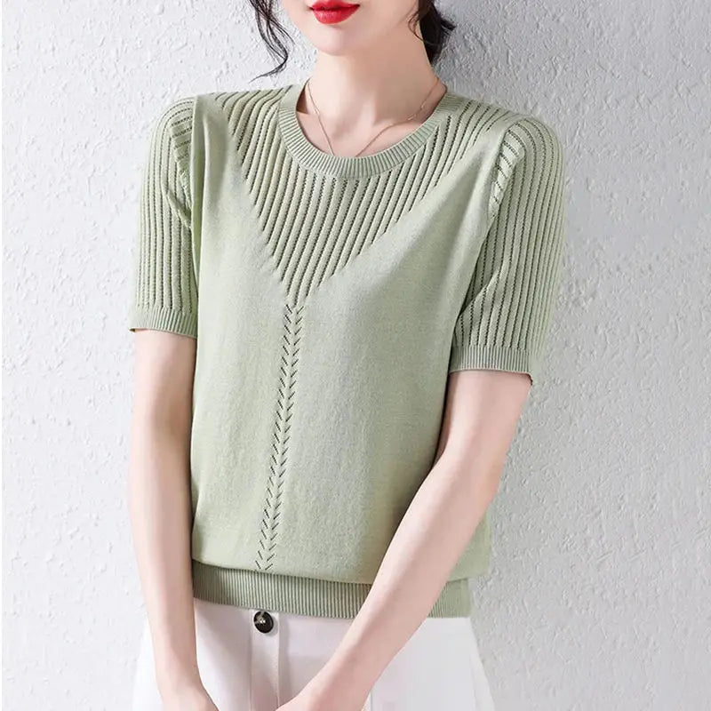 Summer Casual Fashion Hollow Out Solid Color Knitting T-shirt Ladies Short Sleeve Loose All-match Tee Women Simple Pullover Top