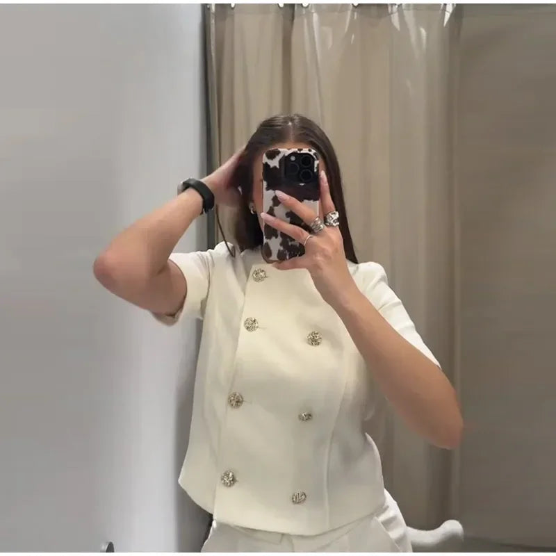 Conjunto Elegance de duas peças: com colete (tipo blazer) de manga curta e calça perna larga