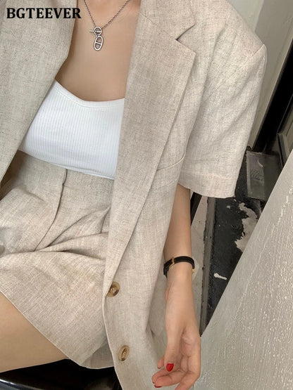 Conjunto de 2 peças feminino: jaqueta de manga curta, single breasted, shorts de perna larga, solto, casual