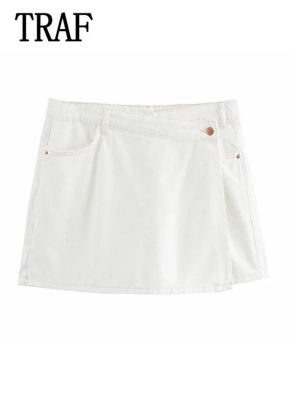 Conjuntos femininos em jeans: camisa gola com manga curta e bolso decoração +  shorts cintura média assimétrico