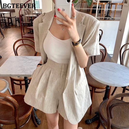 Conjunto de 2 peças feminino: jaqueta de manga curta, single breasted, shorts de perna larga, solto, casual